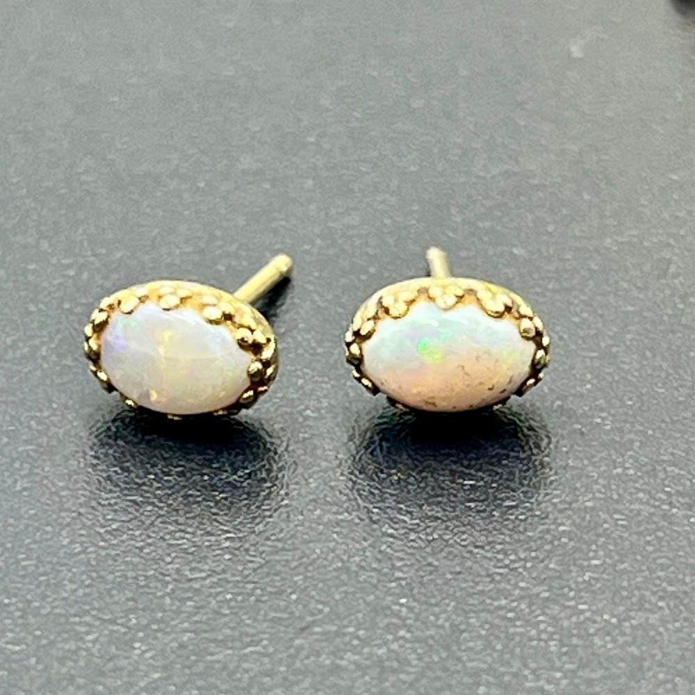 Yellow 14k Gold Oval Iridescent Opal Cabochon Dainty Delicate Stud Earrings